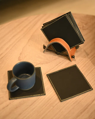 Square Faux Leather Coaster Set with Stand