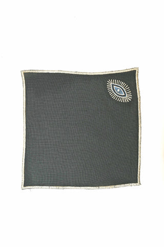 Charcoal Grey Linen Cocktail Napkins with Evil Eye Embroidered