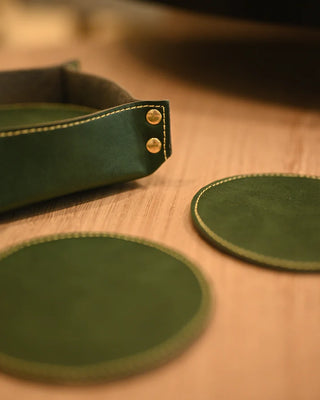 Round Faux Leather Coaster Set - Green