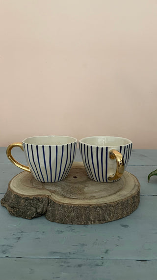 Blue Stripe Hand Painted Mugs - Set of 2