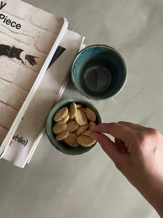 On a cement table, two books and two green ceramic bowls: one holds Indian sesame sweets with a hand reaching, the other is empty. Shop ceramics for Indian homes.