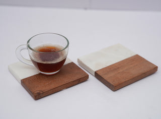 White Marble and Wood Square Coaster Set of 2
