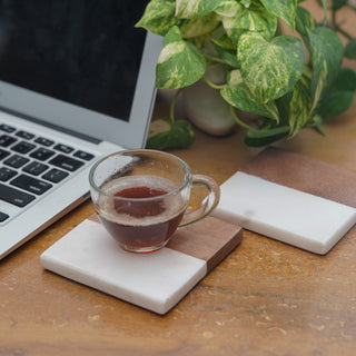 White Marble and Wood Square Coaster Set of 2