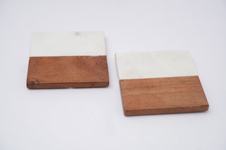 White Marble and Wood Square Coaster Set of 2