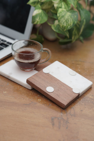White Marble and Wood Square Coaster Set of 2