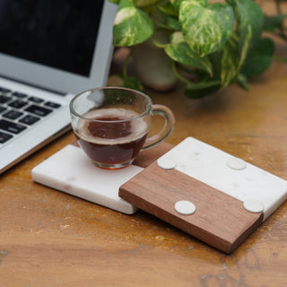 White Marble and Wood Square Coaster Set of 2
