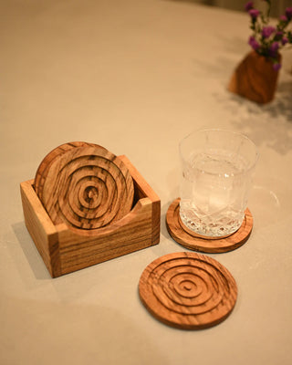 Wooden Wheel Coaster Set with Stand - Set of 6