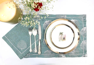 Turquoise Printed Linen Placemats and Printed Linen Papkins