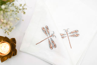 White Linen Cocktail Napkins with Dragonfly Embroidery