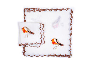 White Linen Cocktail Napkins with Bird Embroidery