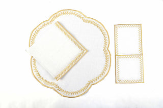 White linen gold Round Placemats & Napkins