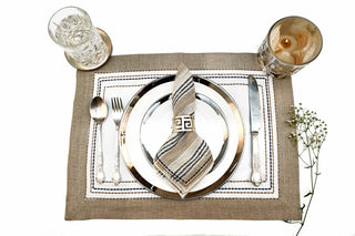 White Linen Placemats and Beige Striped Napkins