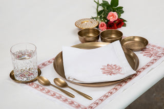 White Linen Placemats & Napkins with Lotus Embroidery